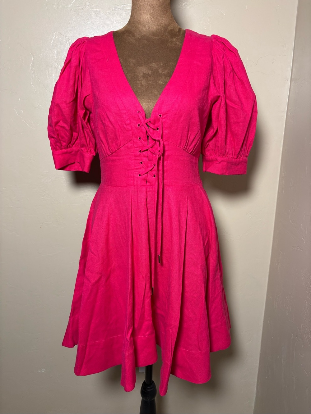 House of Harlow 1960 Fuchsia Linen Blend Lace-Up Puff Sleeve Mini Dress